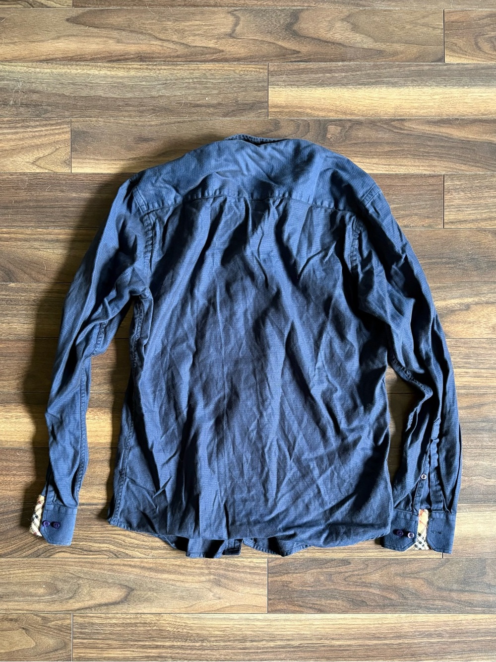 Burberry Navy Long-Sleeve Button-Down Shirt with Plaid Trim - Picture 6 of 6